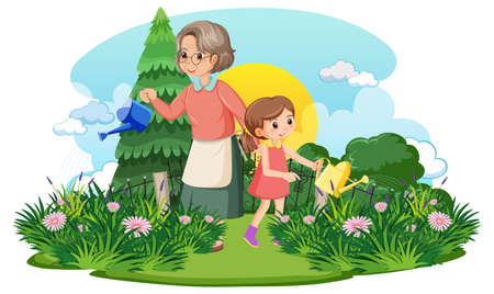 Grandmother and her niece gardening illustrationのイラスト素材