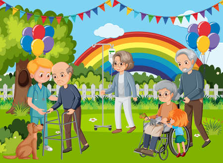Outdoor party with elderly people illustrationのイラスト素材