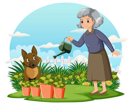 Senior woman gardening and her dog illustrationのイラスト素材