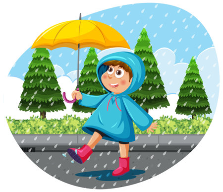 A girl wearing raincoat holding umbrella in a rain illustrationのイラスト素材