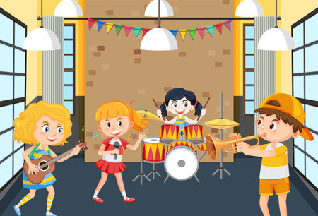 Children practice music band illustrationのイラスト素材