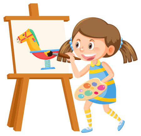Cute girl painting on canvas illustrationのイラスト素材