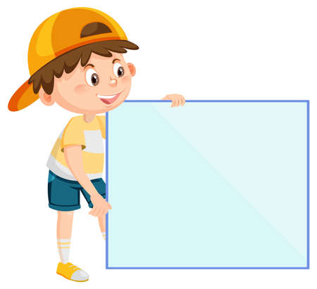 Cute boy holding blank board in cartoon style illustrationのイラスト素材