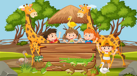 Happy children at the zoo illustrationのイラスト素材