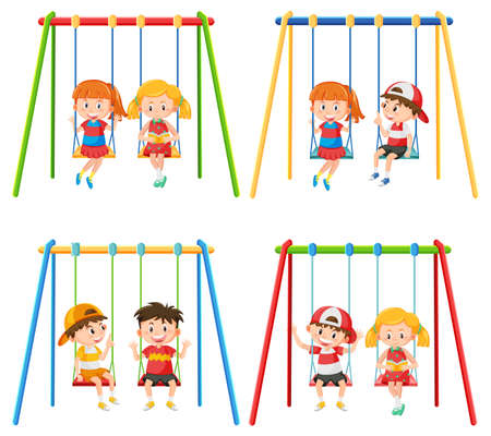 Kid on swing set playground on white background illustrationのイラスト素材