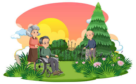 Elderly people at park illustrationのイラスト素材