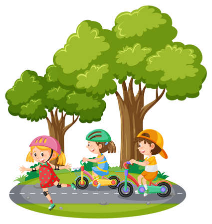 Children riding bicycle at park illustrationのイラスト素材