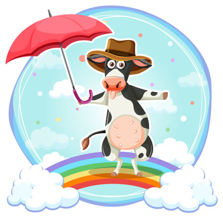 A cow holding umbrella cartoon character illustrationのイラスト素材