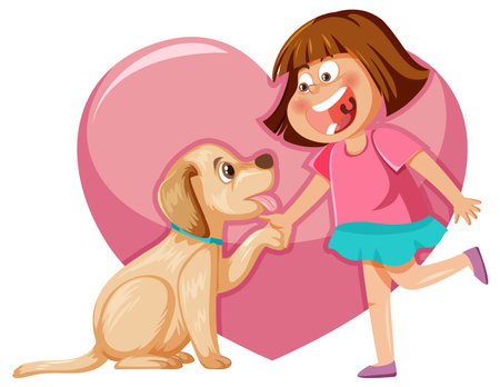 A girl playing with her dog on heart background illustrationのイラスト素材