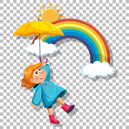 A girl in blue raincoat with umbrell grid background illustrationのイラスト素材