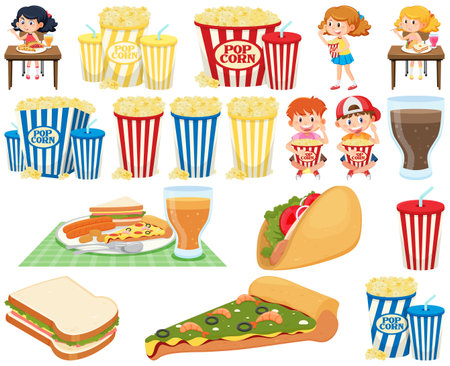 Set of different junk foods and kids illustrationのイラスト素材