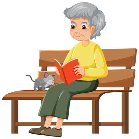 Elderly man reading and sitting on bench illustrationのイラスト素材