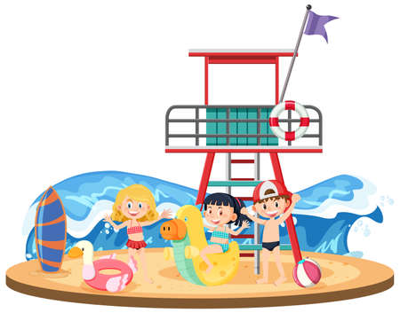 Children at the beach on summer holiday illustrationのイラスト素材