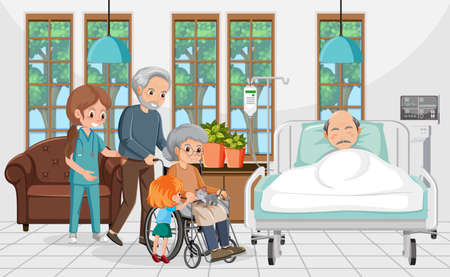 Elderly patient in hospital with caregiver illustrationのイラスト素材