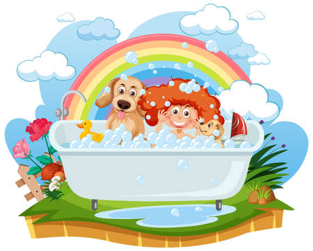 Kids playing bubbles in bathtub illustrationのイラスト素材