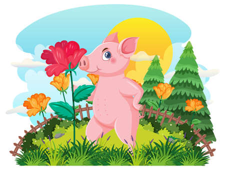 Cartoon pig in flower field illustrationのイラスト素材