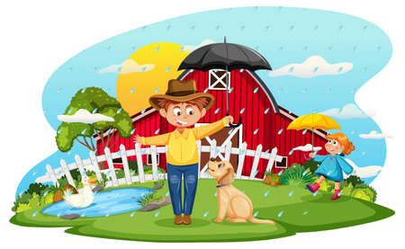 Rainy farm scene with cartoon character illustrationのイラスト素材