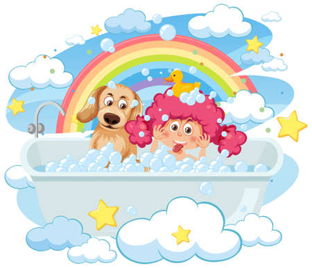 Kids playing bubbles in bathtub illustrationのイラスト素材