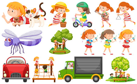 Set of cute kids and objects illustrationのイラスト素材