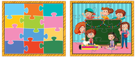 School kids photo jigsaw puzzle game illustrationのイラスト素材