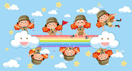 Camping kids with rainbow in the sky illustrationのイラスト素材