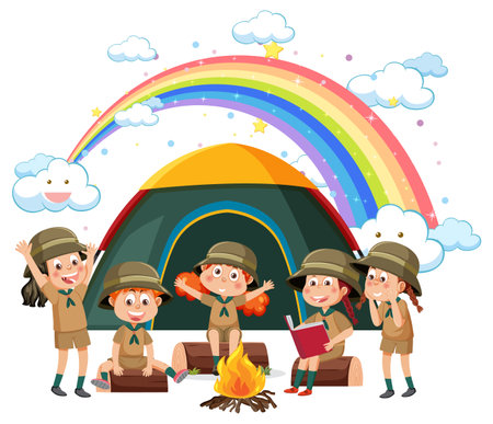 Camping kids with rainbow in the sky illustrationのイラスト素材