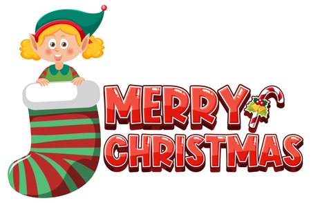 Merry Christmas text with elves cartoon illustrationのイラスト素材