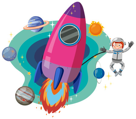 Astronaut with rocketship in cartoon style illustrationのイラスト素材