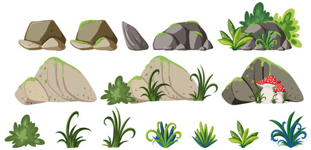Set of rock and plant object to decoration illustrationのイラスト素材