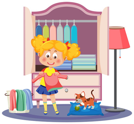 Girl folding clothes with wardrobe illustrationのイラスト素材