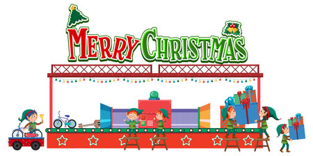 Merry Christmas text with elves making Christmas present illustrationのイラスト素材