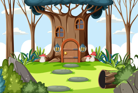Fantasy mystery house in the forest illustrationのイラスト素材