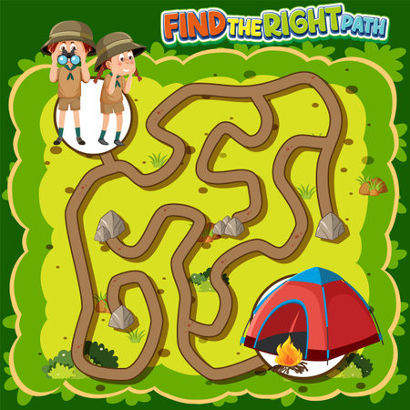 Maze game template in camping theme for kids illustrationのイラスト素材