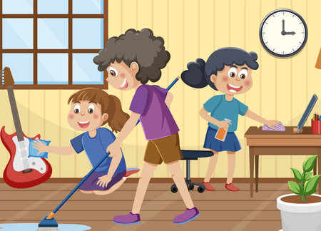 Cartoon children cleaning the house illustrationのイラスト素材