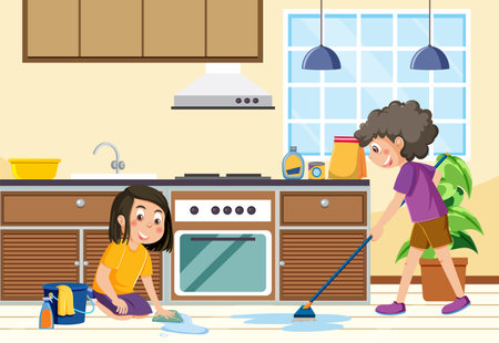 Cartoon children cleaning the house illustrationのイラスト素材