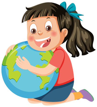 Happy girl hugging earth globe illustrationのイラスト素材
