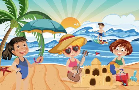 Kids on summer beach vacation illustrationのイラスト素材