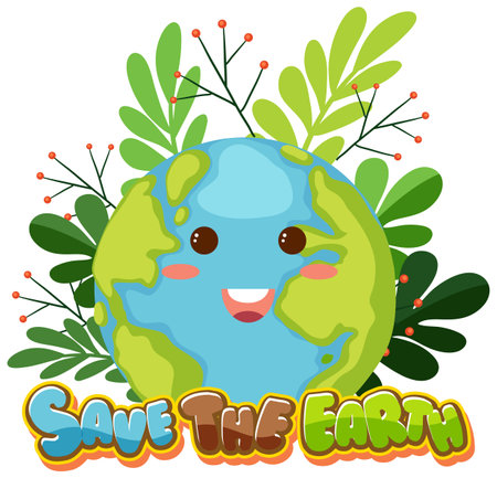 Save the earth text with a happy earth character illustrationのイラスト素材