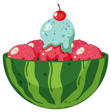Strawberry and mint ice cream in watermelon bowl illustrationのイラスト素材