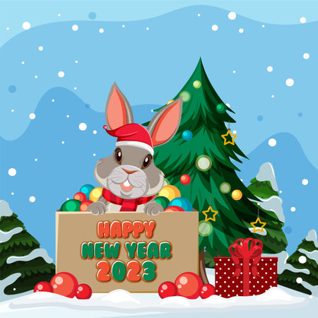 Happy New Year 2023 with cute rabbit illustrationのイラスト素材
