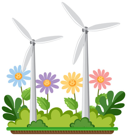 Colourful flowers with wind turbine illustrationのイラスト素材