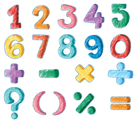 Set of numbers and math symbols pencil colour child scribble style illustrationのイラスト素材