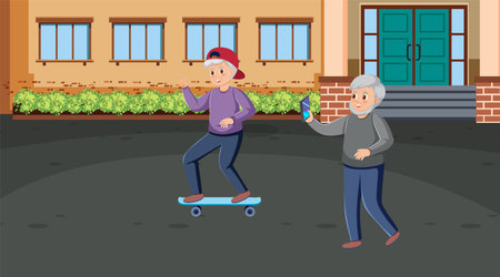 Outdoor scene with senior people doing activity illustrationのイラスト素材