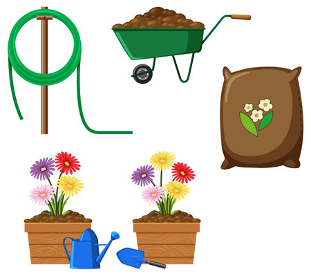 Set of plant and gardening tools and equipment illustrationのイラスト素材