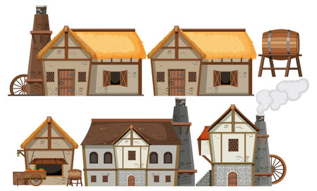 Set of medieval house and object cartoon  illustrationのイラスト素材