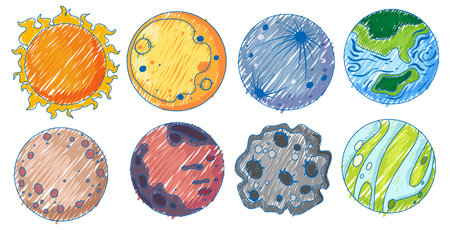 Space Objects in Pencil Colour Sketch Simple Style illustrationのイラスト素材