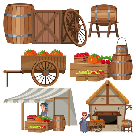Set of medieval house and object cartoon  illustrationのイラスト素材