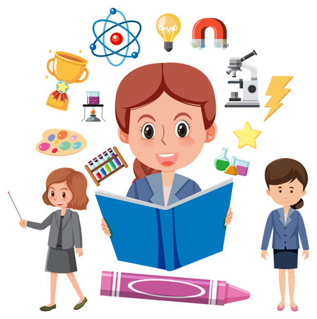 Set of teaching equipment tools and teacher cartoon character illustrationのイラスト素材
