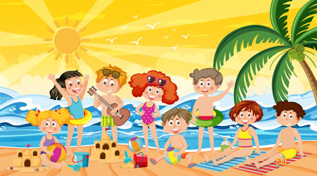 Kids on summer beach vacation illustrationのイラスト素材