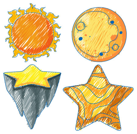 Space Objects in Pencil Colour Sketch Simple Style illustrationのイラスト素材